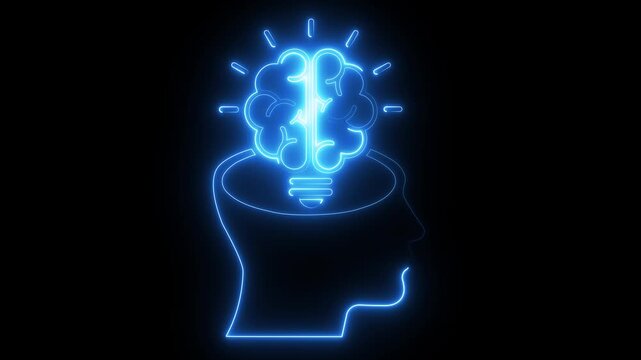 Neon brain light bulb animation: creative thinking and innovation concept