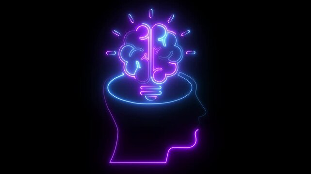 Neon brain lightbulb idea concept: glowing human head silhouette animation for innovation and creative thinking