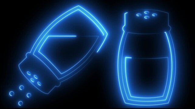 Neon glowing salt and pepper shakers animation on black background