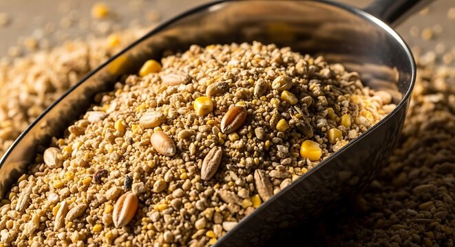 Metal scoop filled with mixed grain animal feed and corn agriculture nutrition