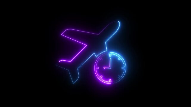 Neon airplane and clock animation: travel time and flight schedule concept