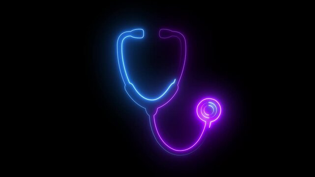 Neon stethoscope glowing with pulsing blue and purple light on black background