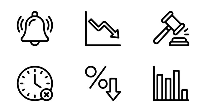 Business Icons Set: Alert, Down Graph, Gavel, Timer, Percentage, Bar Chart