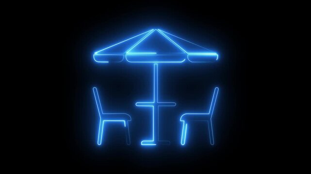 Neon glowing outdoor cafe table and chairs animation on black background