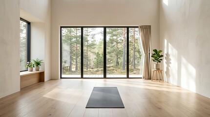 Fototapeta premium A serene room with a yoga mat, surrounded by plants and natural light, overlooking trees outside.
