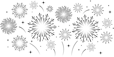 Obraz premium Elegant black fireworks pattern with sparkling stars and dotted accents on a clean white background. Seamless festive celebration design for New Year, holidays, party décor, wallpapers, wrapping paper