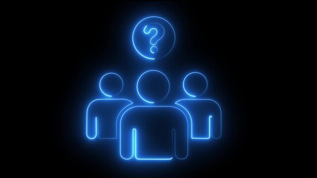 Neon glowing question mark above people concept for faq and support