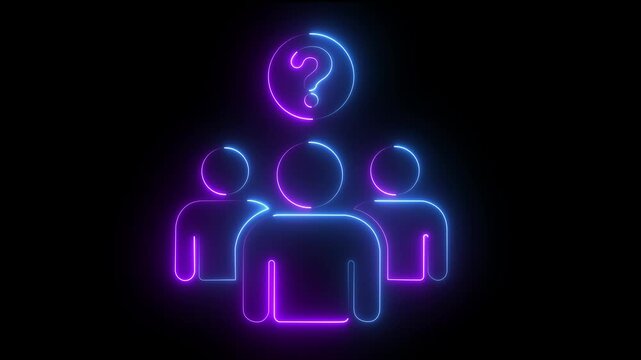 Neon glowing question mark above people concept of confusion, faq, and customer support