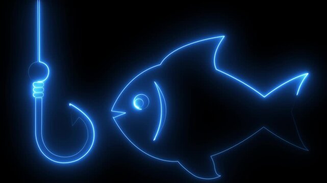 Neon glowing fish and fishing hook animation on black background
