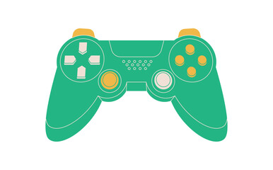 Retro game controller, gamepad and joystick in flat green and yellow. Classic videogame gadget with button, console video game control device. Professional icon technology concept, isolated style. © Moonnoon