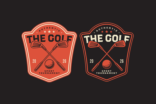 Crossed golf clubs with ball retro badge logo set for golfer. Golf irons crossed vintage patch design pack for tournament. Golf ball with clubs crossed rustic emblem element for sport team