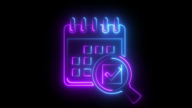 Neon calendar with magnifying glass and checkmark for project planning and task management