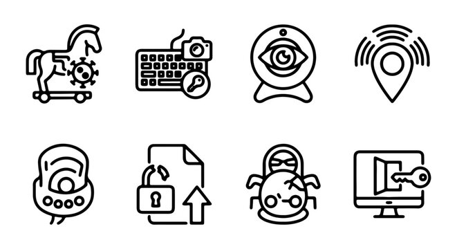 Cybersecurity Icons: Trojan Horse, Malware, Keylogger, Webcam Hack, Location Spoofing, Data Breach