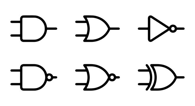 Digital Logic Gates Icons, Electronic Circuit Symbols, Vector Set
