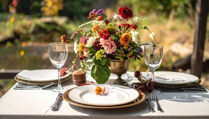 Fototapeta premium Elegant outdoor dining setting with floral centerpiece and place settings