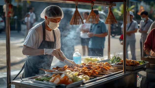 Clean Indonesian Chicken Satay Street Food Vendor Following Modern Food Safety Standards