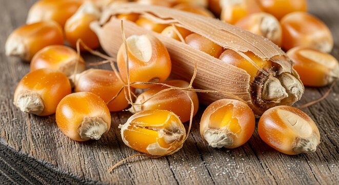 Close up of raw corn kernels and open cob on dark wood with agriculture