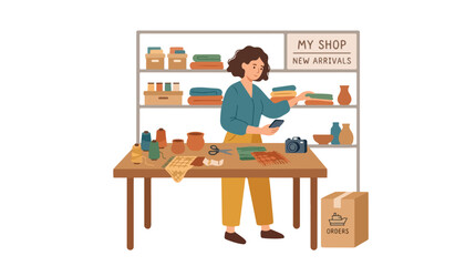 Fototapeta premium A woman stands in her craft shop, using her phone to take pictures of handmade items for her small business and online store.