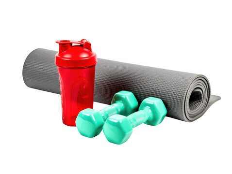 Grey rolled yoga mat with red shaker bottle and light green dumbbells as isolated on transparent background