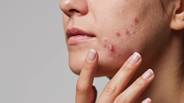 Cheek acne breakout. Red inflamed pimples and skin texture. Dermatology skincare concept.