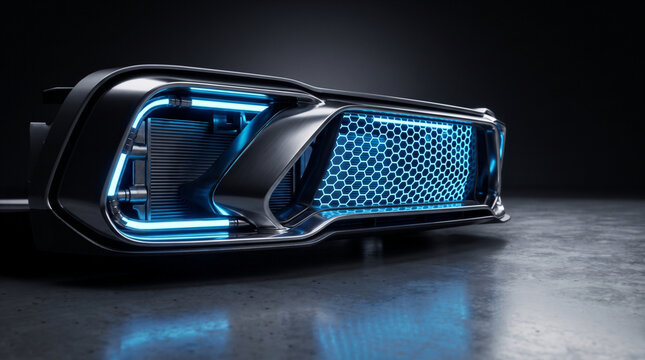 Futuristic automotive front grille with glowing neon laser soccer goal net design