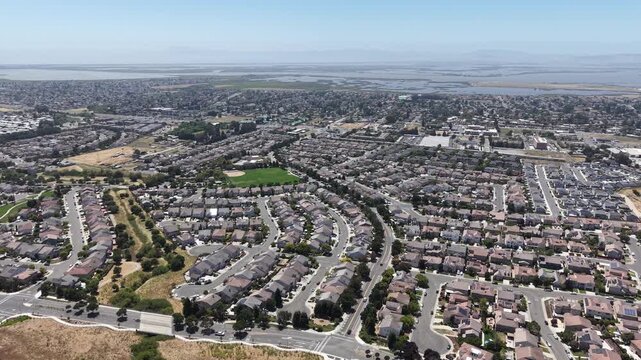 Aerial Pan Over American Canyon Suburb to San Pablo Bay Wetlands, 4K