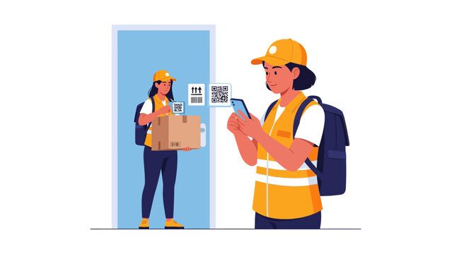 Delivery Workers Scanning QR Code on Package with Smartphone Vector Illustration