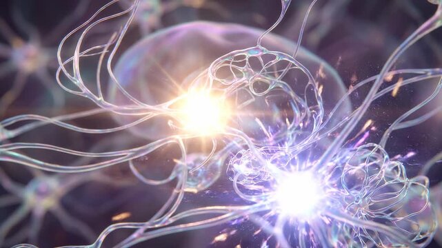Abstract visualization of neural network activity and brain synapses firing with electrical impulses.