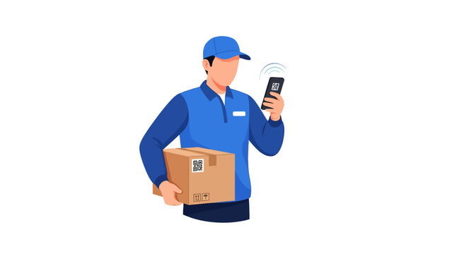 Delivery Courier Scanning QR Code on Package with Smartphone, Flat Vector Illustration of Smart Logistics and E-commerce Concept