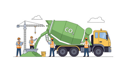 Naklejka premium Sustainable Construction Illustration Featuring Carbon Capture Concrete Truck and Workers