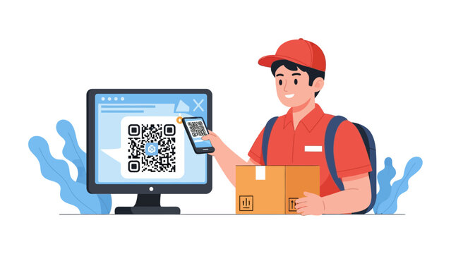Courier Scanning QR Code for Package Delivery and Logistics Tracking