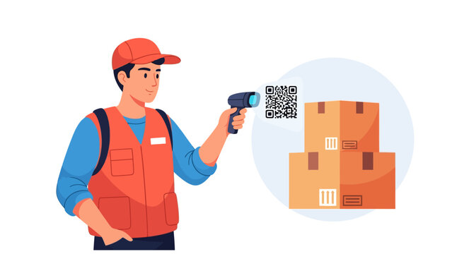 Delivery Worker Scanning QR Code on Cardboard Boxes for Logistics and Inventory Management Illustration