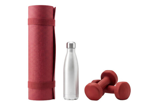 Red yoga mat with stainless steel water bottle and dumbbells as PNG asset isolated on transparent background