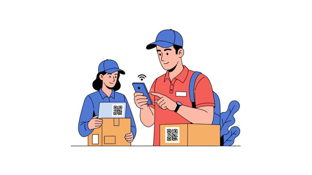 Couriers scanning QR codes on parcels with smartphone for delivery tracking and logistics vector.