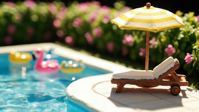 Sunny Poolside Lounge Chair with Yellow Umbrella and Inflatable Floats