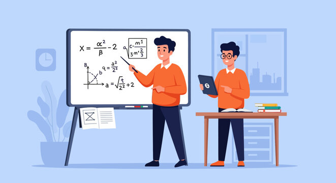 Teacher explaining mathematical equations on a whiteboard to a student.