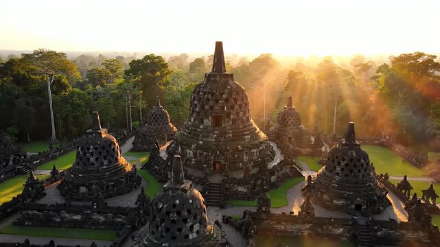 Sunrise over Borobudur Temple Complex Revealing Stone Stupas Amid Lush Tropical Forest