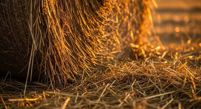 Macro view of golden wheat straw hay bale in sunlight with agriculture, sunlight