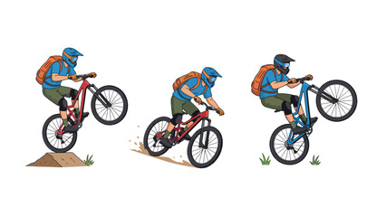 Fototapeta premium Mountain biker performing stunts and tricks on a trail, showing dynamic action and skill.