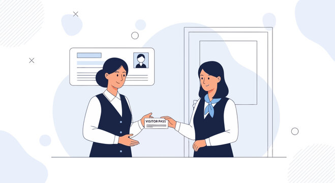Receptionist hands visitor pass to guest at entrance with ID card displayed in minimalist vector illustration style.