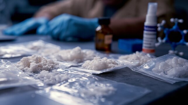 A forensic lab table with scattered white crystalline powder in sealed evidence bags, a gloved technician, an amber sample vial, and a naloxone rescue spray kit beside a molecular formula model