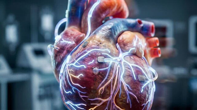 Detailed 3D Animation of a Human Heart with Medical Equipment.
