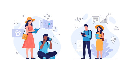 Fototapeta premium Travelers planning trip, photographer capturing moments, vacation exploration and discovery concept vector illustration.
