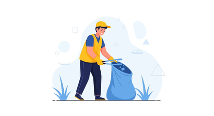 Obraz premium Volunteer collecting trash in a park with a large blue bag, promoting environmental cleanup and sustainability