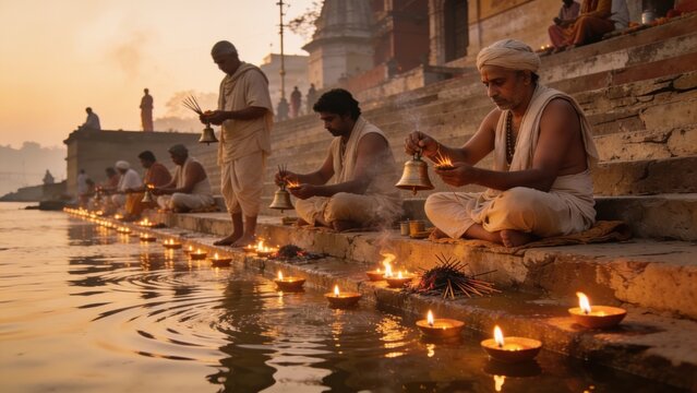 Ganges River Ritual: Devotees Perform Aarti Ceremony with Lamps and Bells at Sunrise