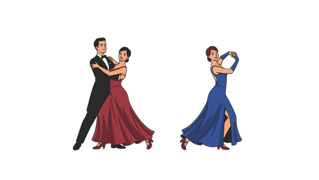 Elegant couples dancing ballroom and Latin styles, showcasing grace and movement in formal attire.