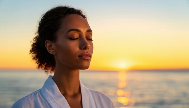 Woman finding inner peace and mindfulness through meditation at a calm ocean beach