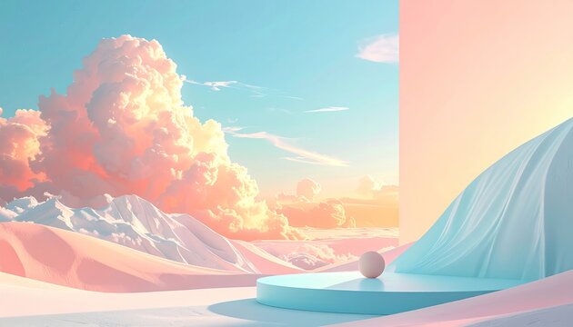 Dreamy landscape with fluffy clouds, a podium, and soft pastel colors