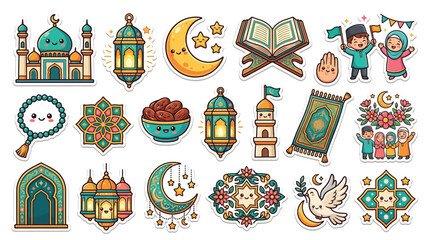 Fototapeta premium Collection of Islamic cultural elements and symbols, including mosques, lanterns, crescent moons, and celebratory figures, designed in a cute cartoon style.