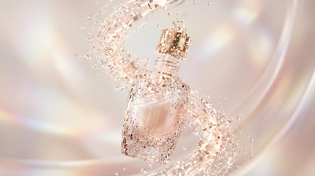 Elegant glass perfume bottle surrounded by swirling liquid droplets captured in a high resolution digital render with soft warm lighting